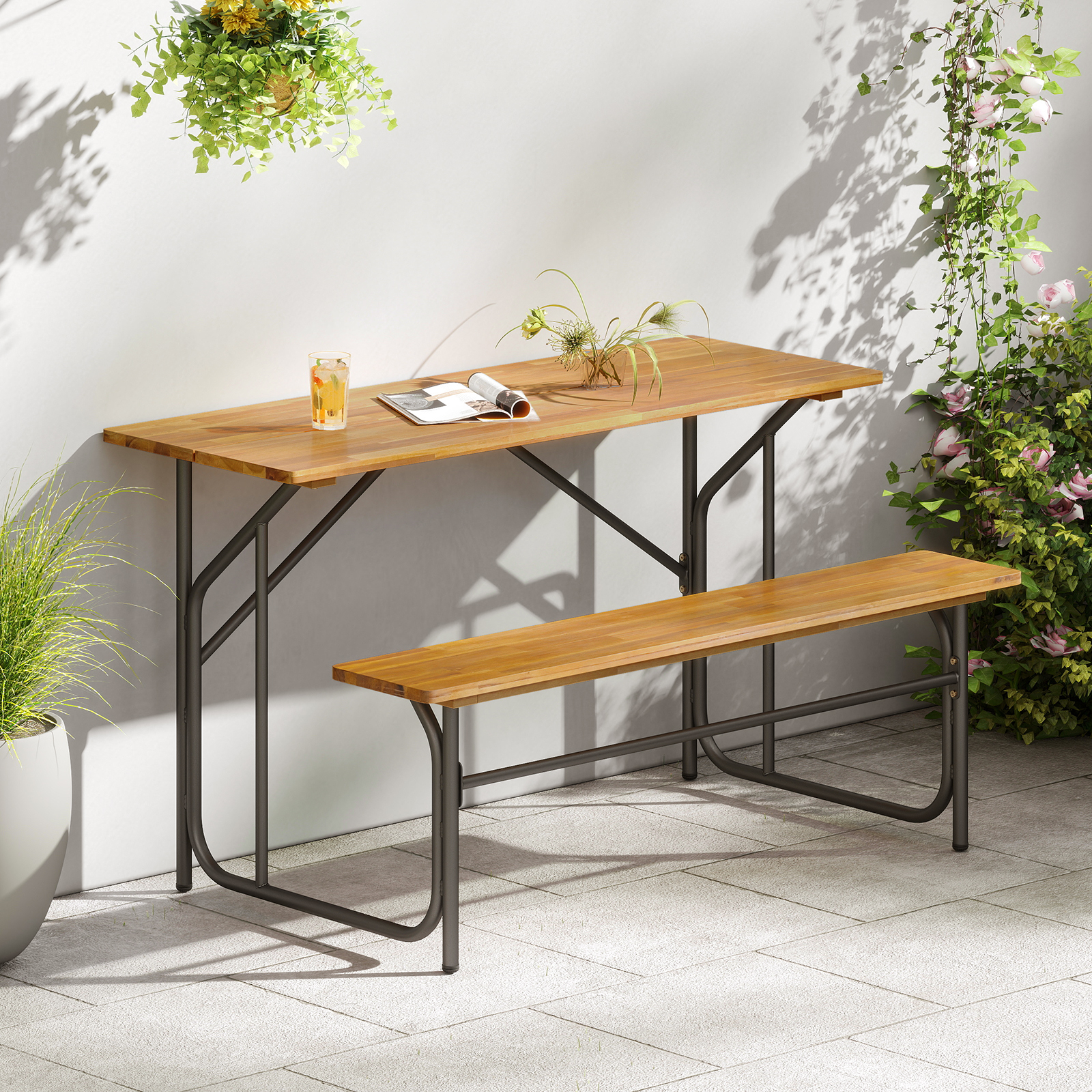 Tisch-Bank-Set für 2 Personen Picknicktisch & Loveseat mit Akazienholzplatte & Metallbeinen Natur