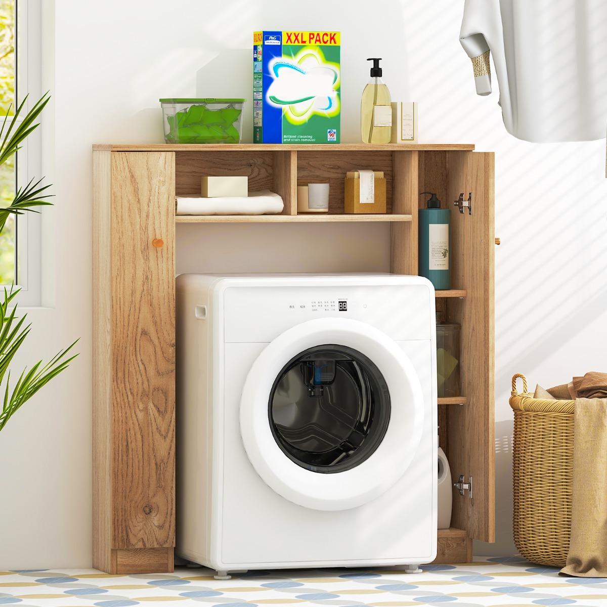 Toilettenschrank mit 2 Offenen Fächern & 4 Verstellbaren Regalen Bad Überbauschrank Natur