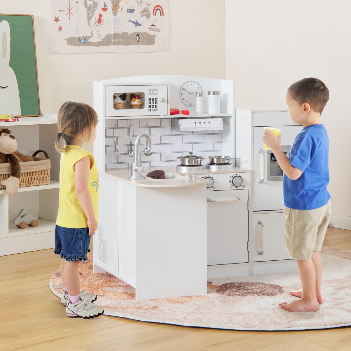 Eck Spielküche mit Separatem Kühlschrank & Sound & Spielzubehör Kinderküche Weiß