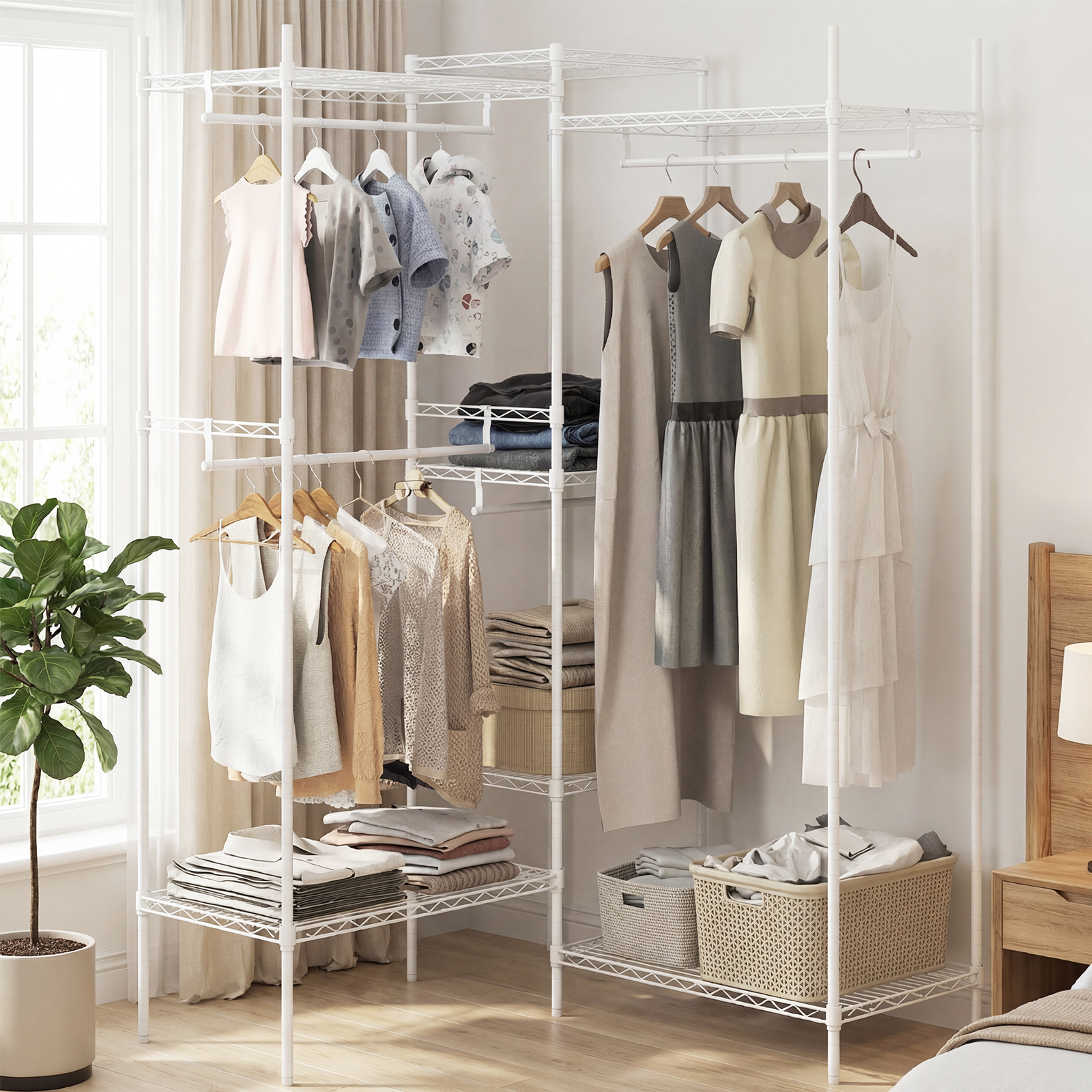 Tragbarer Kleiderschrank wandelbarer Kleiderorganizer mit L-Form & horizontaler Montage Weiß