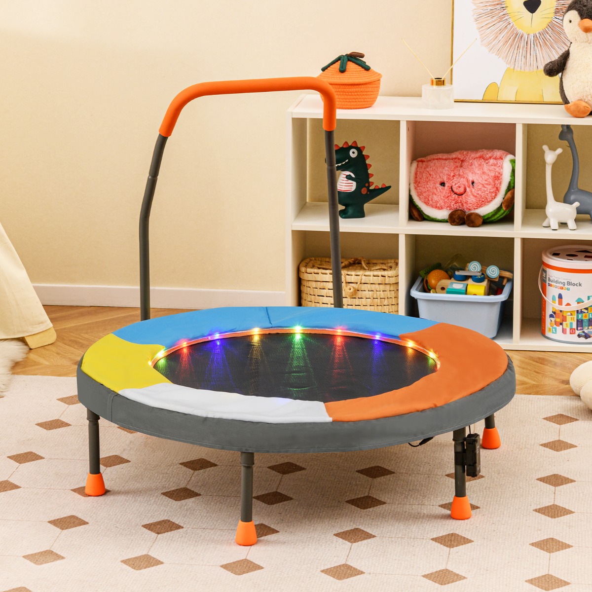 Ø90 cm Kindertrampolin mit LED Beleuchtung & Griff & Tragetasche Mini Trampolin Garten