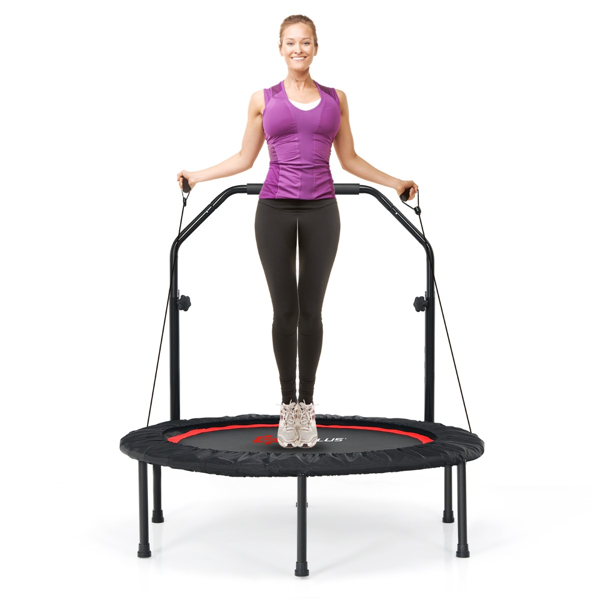 φ101cm Fitmess Trampolin Mini Trampolin mit höhenverstellbarm Haltegriff & 2 Widerstandsbändern Rot