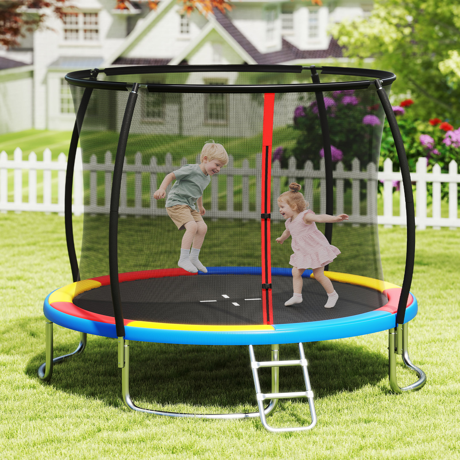 Trampolin outdoor mit Leiter Gartentrampolin rund mit Sicherheitsnetz Randabdeckung & Metallrahmen Ø366cm Bunt