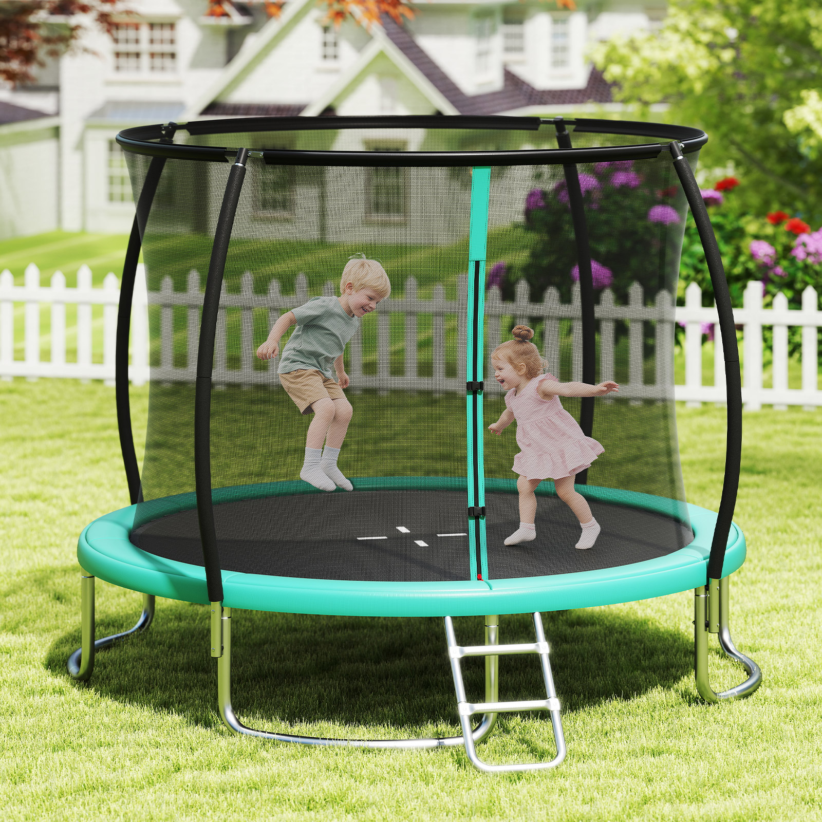 Trampolin outdoor mit Leiter Gartentrampolin rund mit Sicherheitsnetz Randabdeckung & Metallrahmen Ø366cm Grün