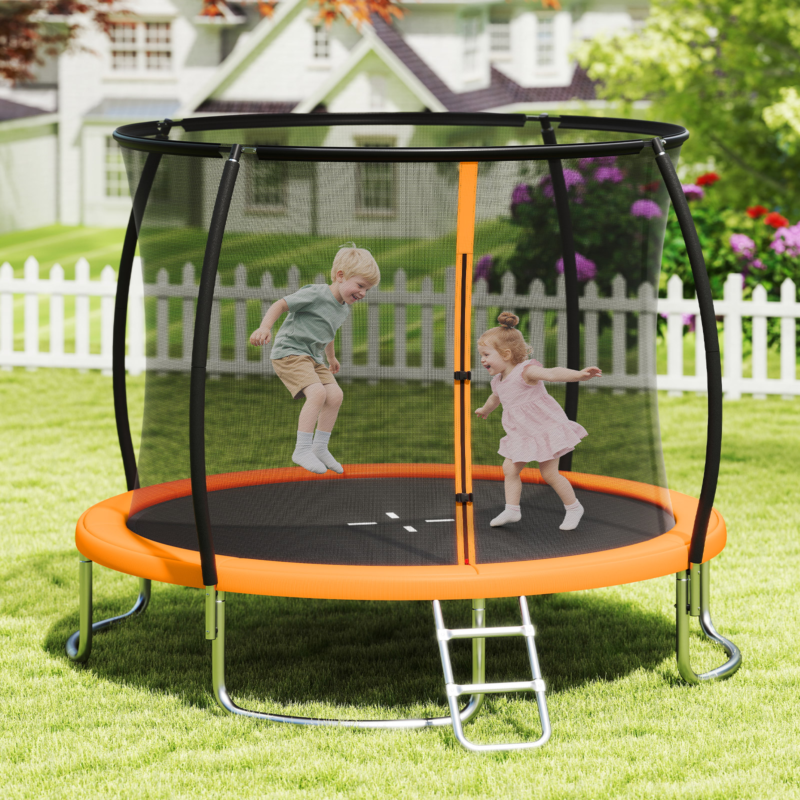 Trampolin outdoor mit Leiter Gartentrampolin rund mit Sicherheitsnetz Randabdeckung & Metallrahmen Ø366cm Orange