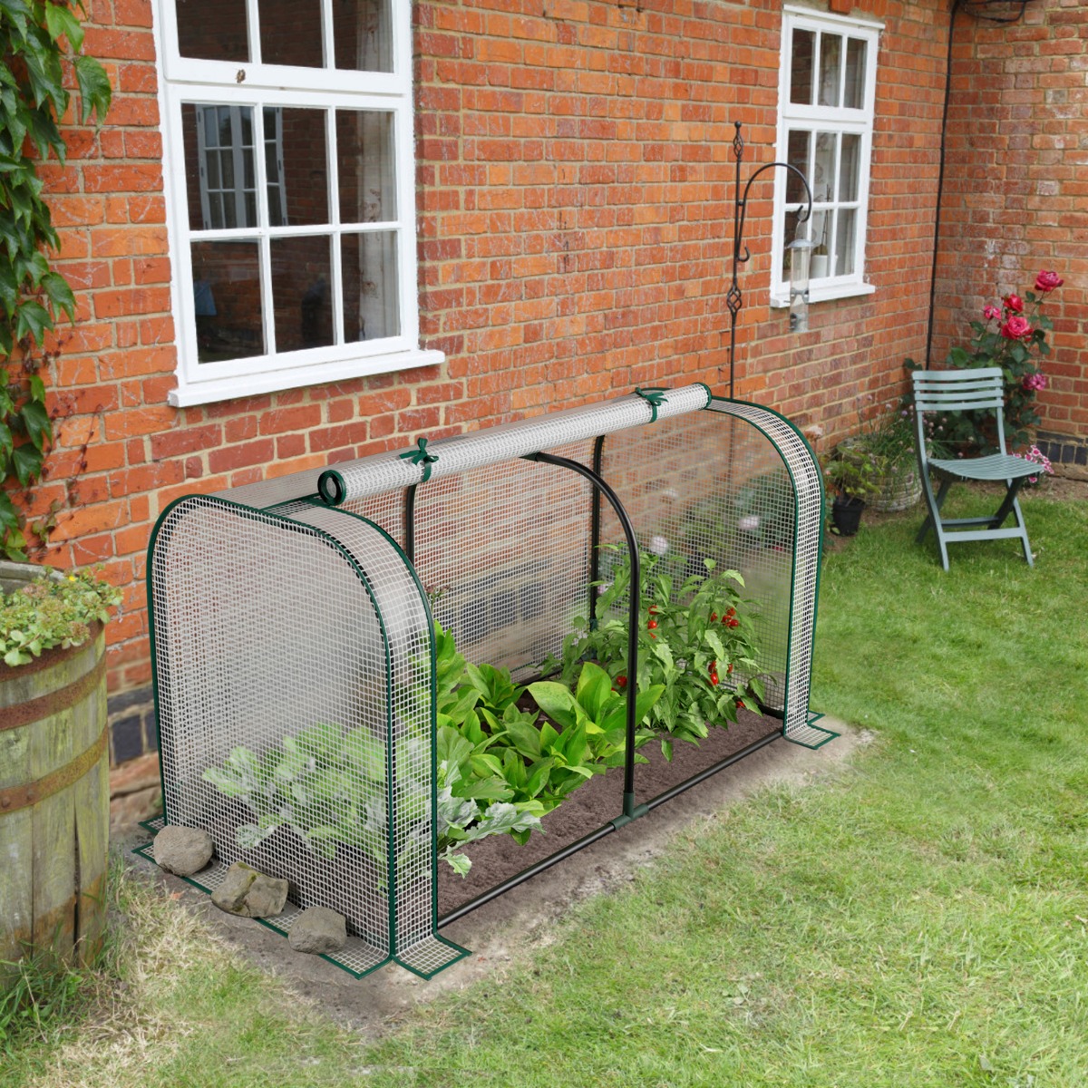 2 in 1 Mini Gewächshaus mit Aufrollbarer Reißverschlusstür PE-Abdeckung für Hochbeet Weiß