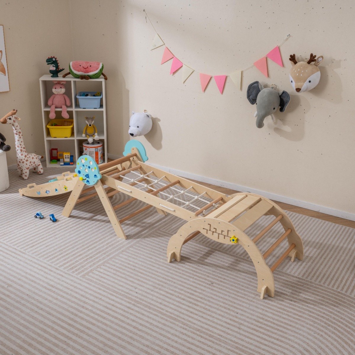 9 in 1 Montessori Klettergerüst Set mit Kletterbogen & Kletterseil & Leiter Holz Kletterdreieck Natur