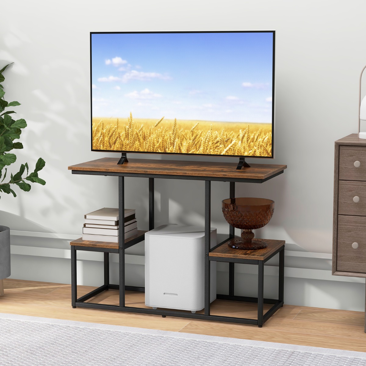 TV-Konsolentisch für 50-Zoll-Fernseher industrielle Medienkonsole mit offenen Ablagen 108 x 40 x 65 cm Rustikales Braun