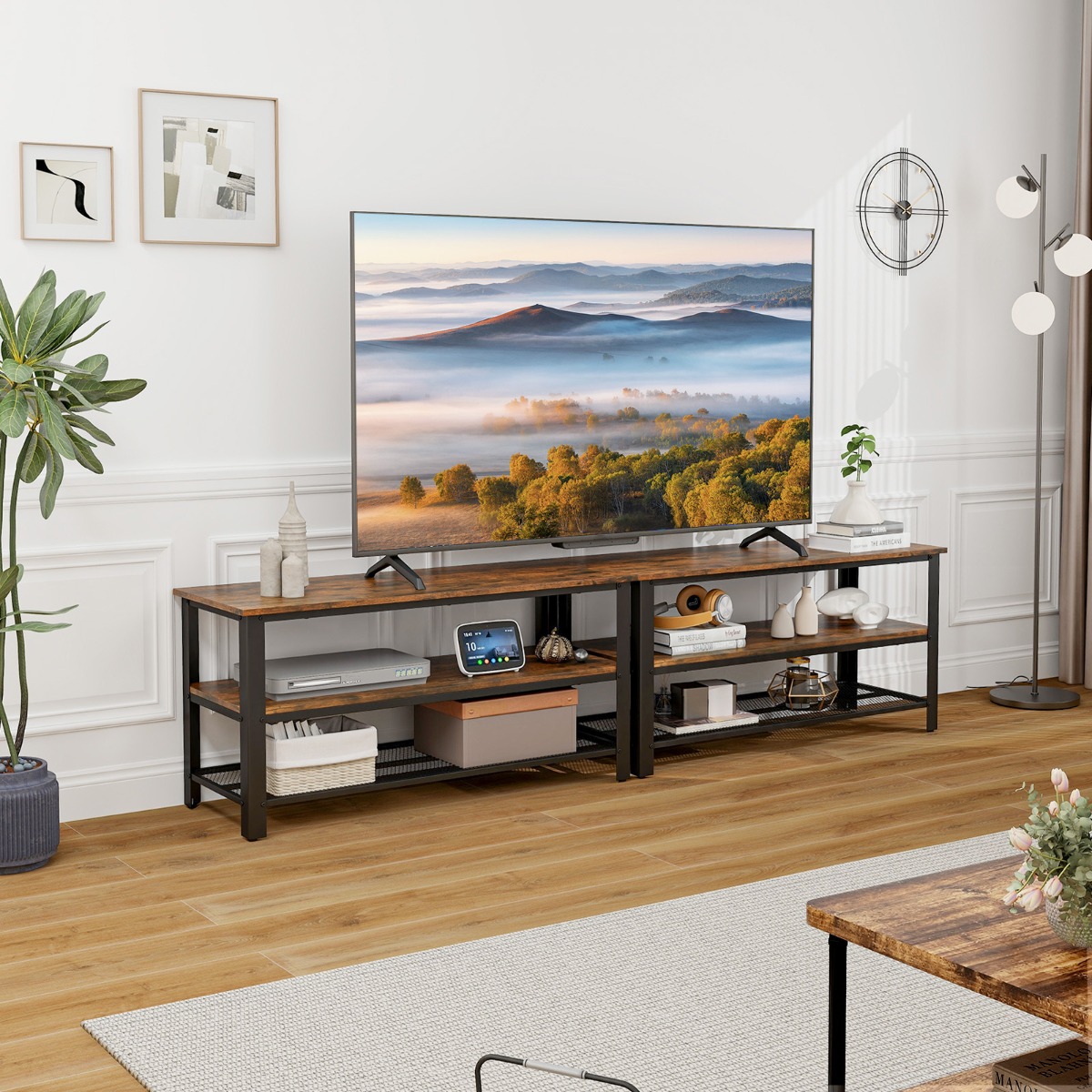 Industrieller TV-Ständer mit 2-stufigen Offenen Lagerregalen & Metallrahmen für TV bis zu 50 Zoll