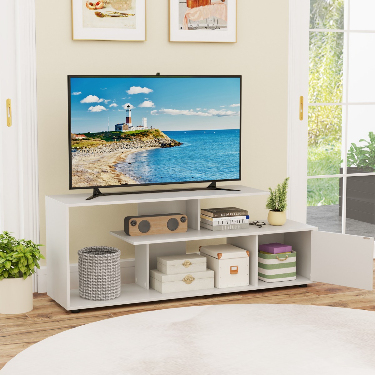 TV-Ständer für Fernseher bis zu 55 Zoll mit Ablageflächen & Schrank TV Schrank Lowboard Weiß