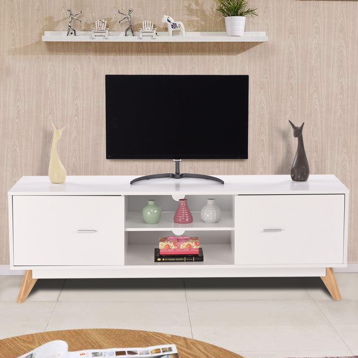 TV-Ständer für 60-Zoll-Fernseher Moderner TV-Konsolentisch mit Stauraum Massivholzfüße Weiß
