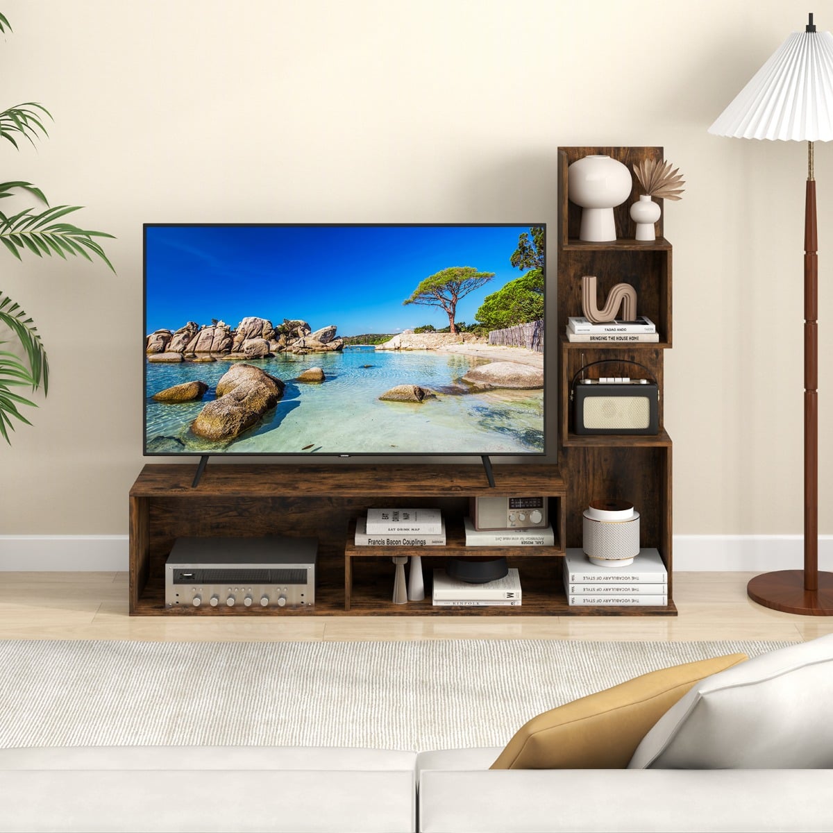 Fernsehschrank Holz Fernsehtisch mit Bücherregal für TVs bis zu 50' 144,5 x 29,5 x 121 cm Braun