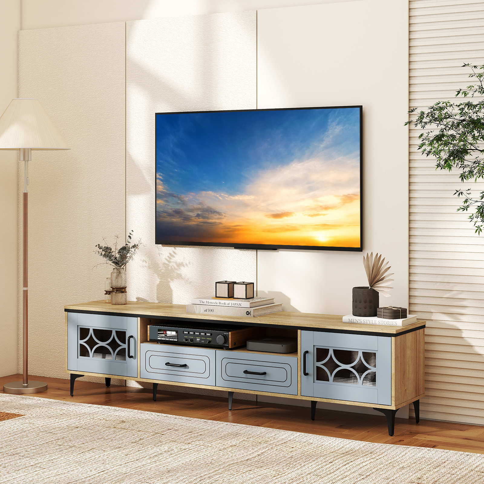 TV Schrank Bambus Lowboard für Fernseher bis zu 80 Zoll Fernsehschrank mit 2 Schubladen & 2 Türen & Fach Blau
