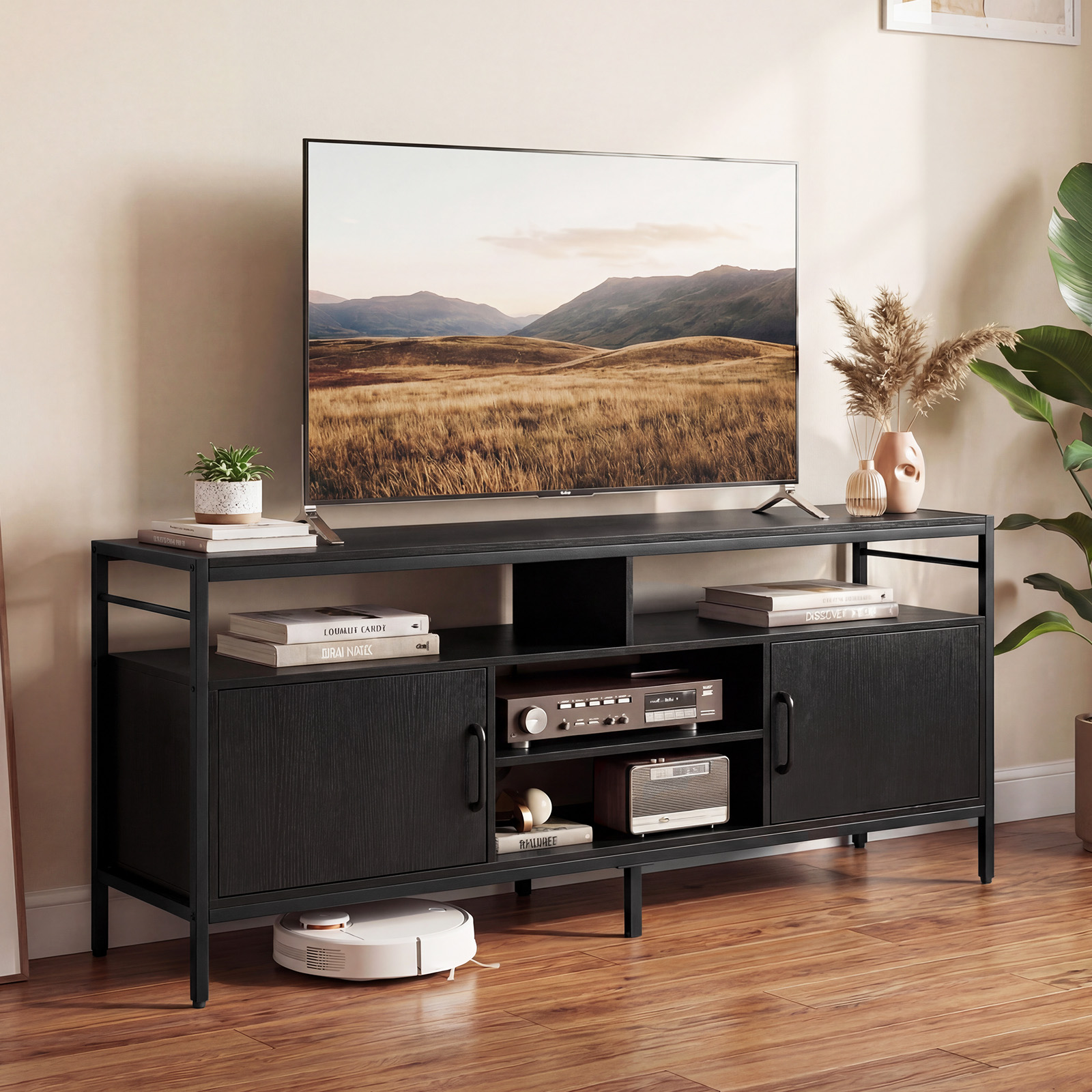 TV-Schrank Lowboard für 65' Fernseher mit 2 Schränken 4 offenen Regalen Schwarz