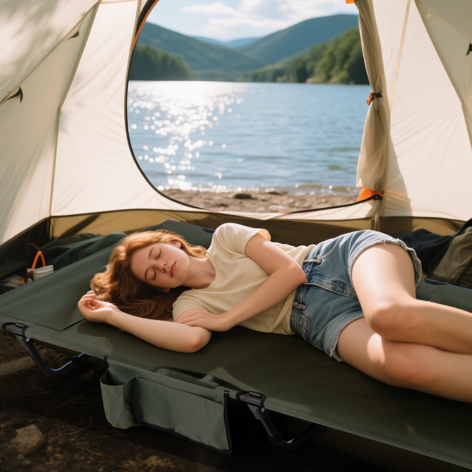 Ultraleichtes Feldbett Campingbett mit Seitentasche Tragbares Klappbett 150 kg Tragkraft Grün