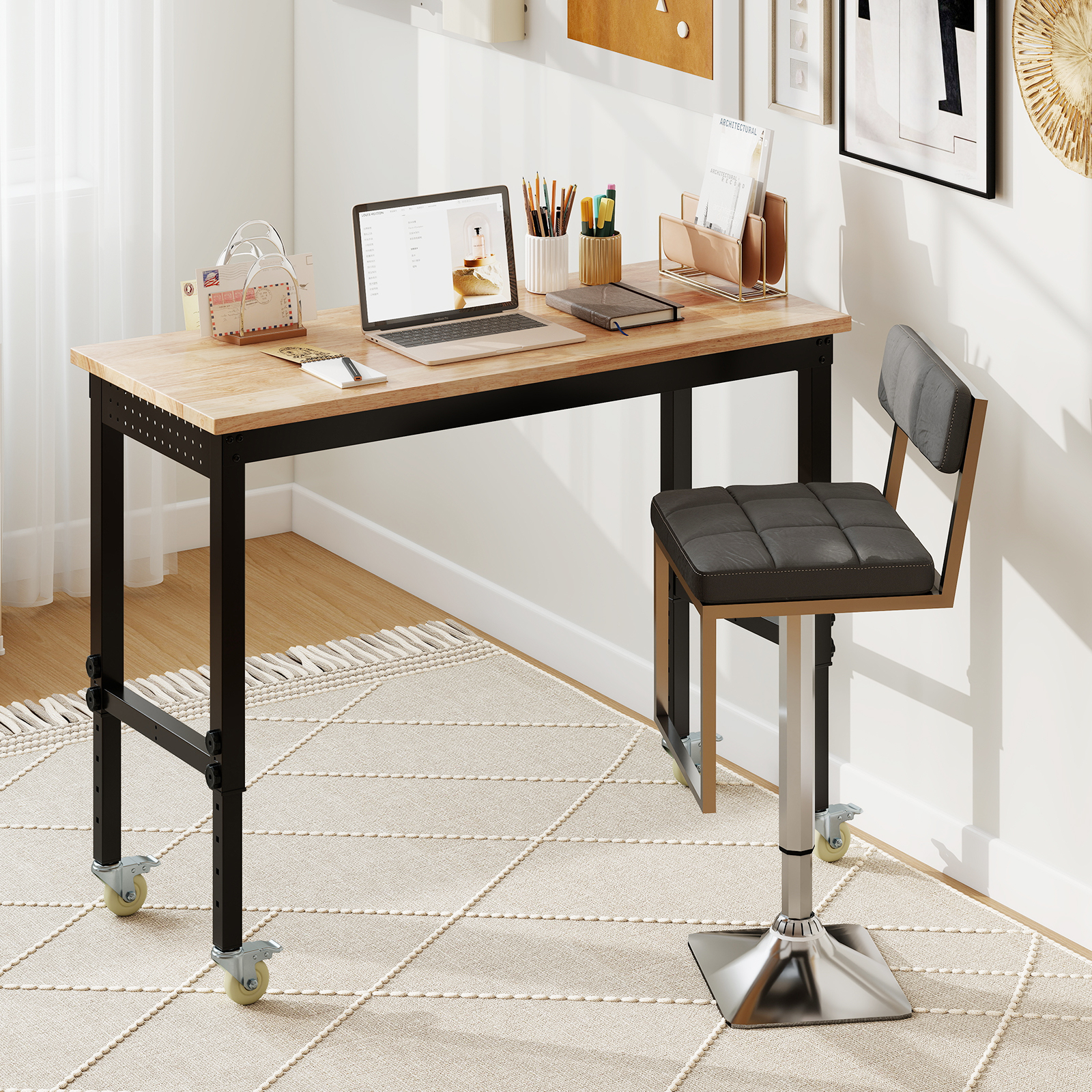 Verstellbare Werkbank mit Rollen & 1100 kg Tragfähigkeit & 2 Lochplatten Computertisch Arbeitstisch