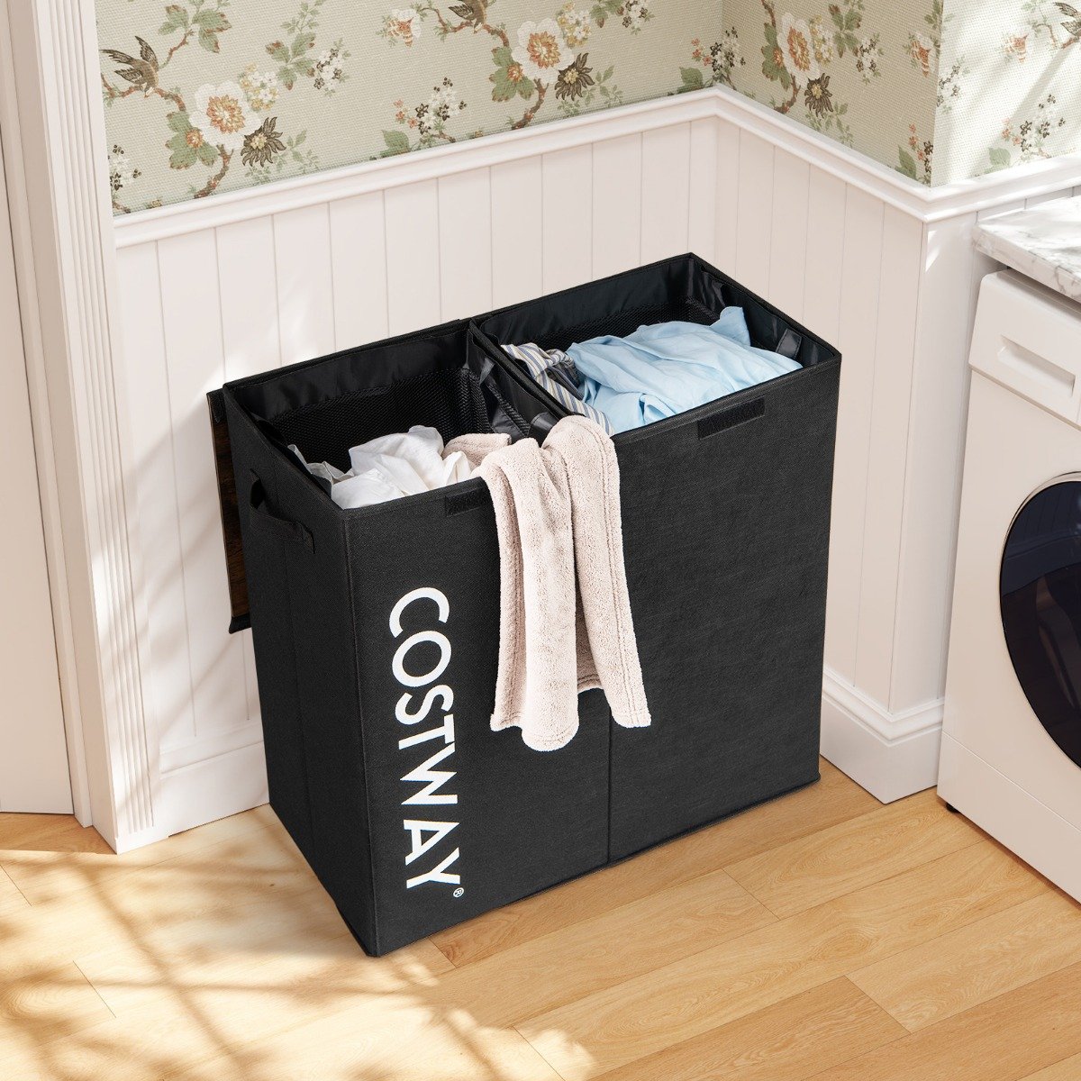 Wäschekorb mit Deckel 105 L Wäschebehälter mit 2 herausnehmbaren Wäschesäcken Schwarz