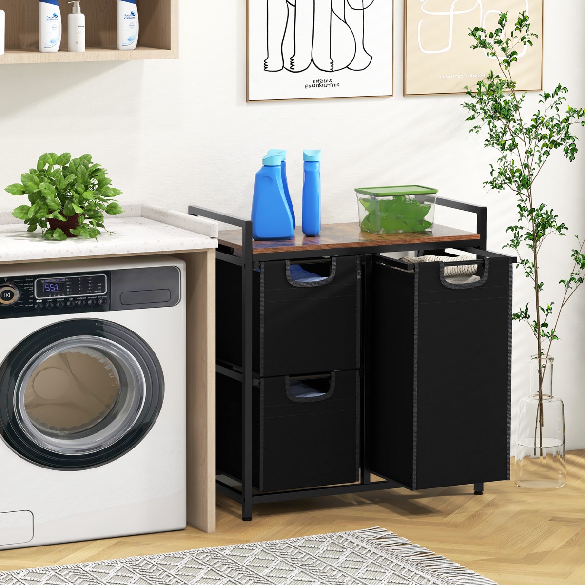 3 Fächer Wäschekorb mit Ablage & 3 Abnehmbaren Taschen Wäschesammler 66,5 x 33 x 72 cm