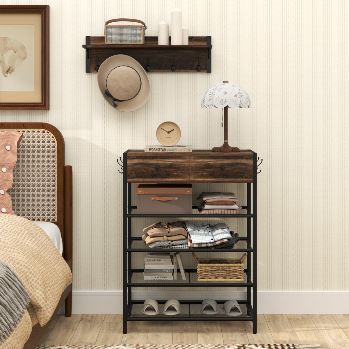 Schuhregal & Wandgarderobe Kombi-Set mit Haken & Schubladen & Schwebendem Regal