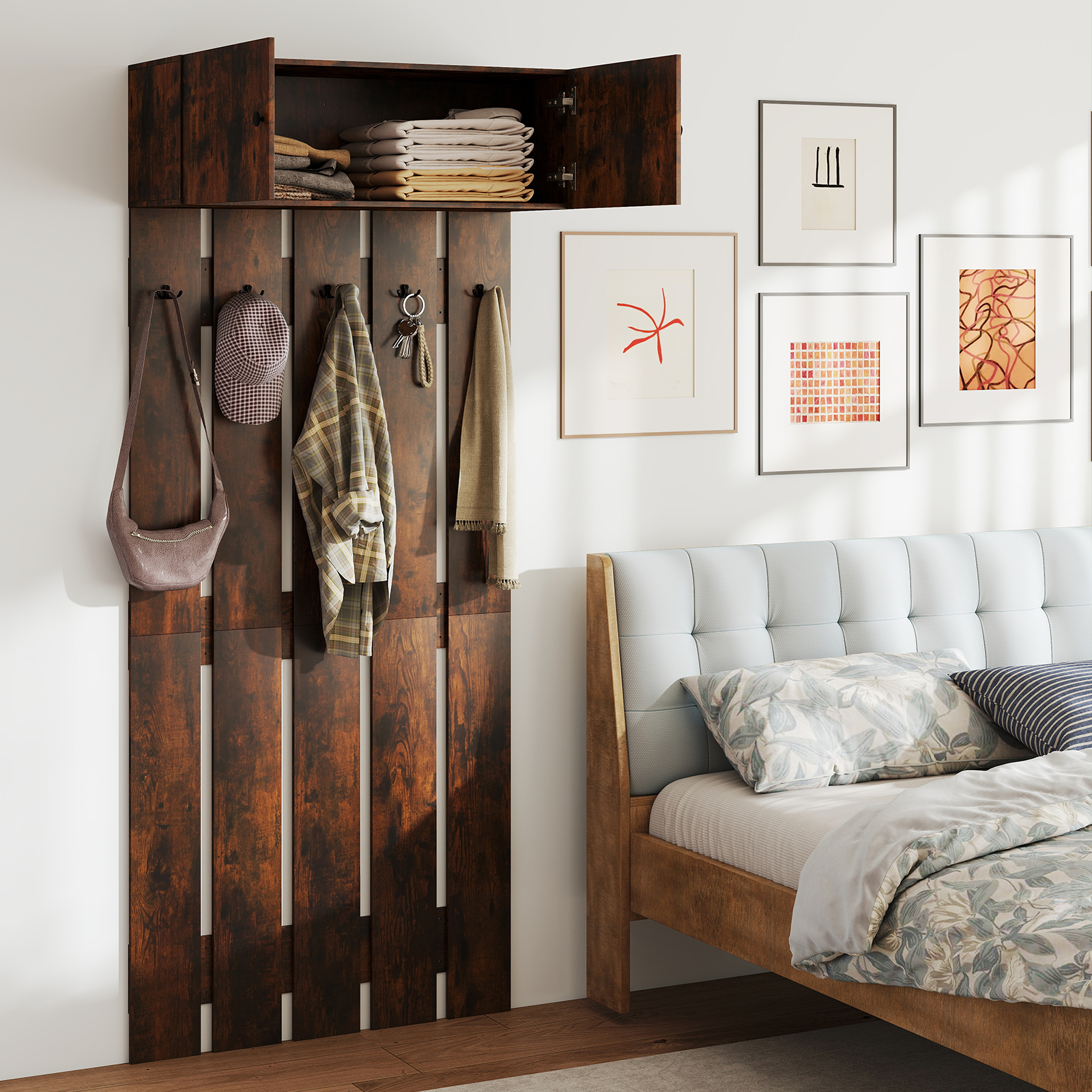 Wandgarderobe mit 5 Doppelhaken & 2-türigem Schrank Wandmontierter Garderobenpaneel Braun