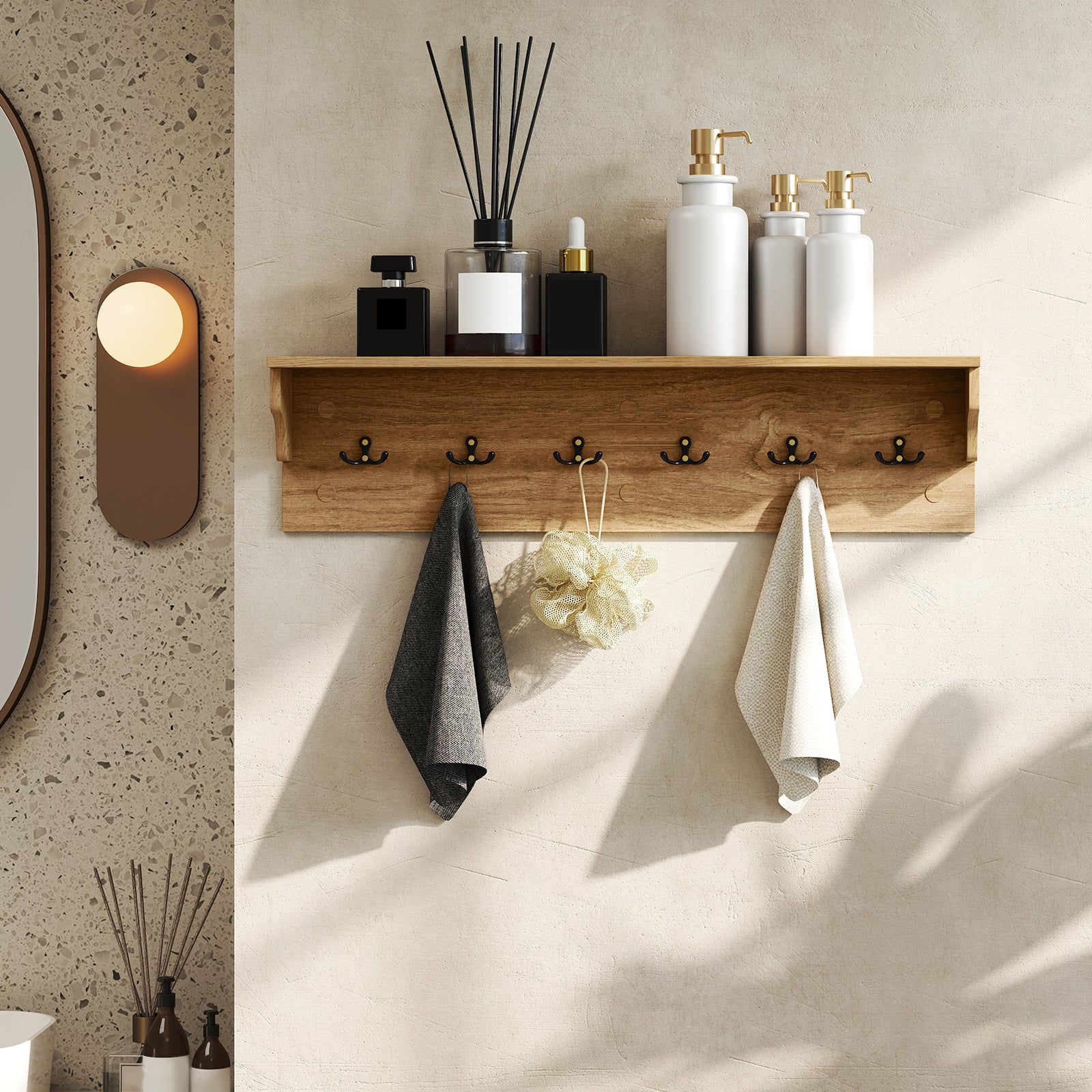 Wandhaken mit Ablage & 6 Haken Holz Garderobe Wandregal für Hüte Handtücher Taschen Natur