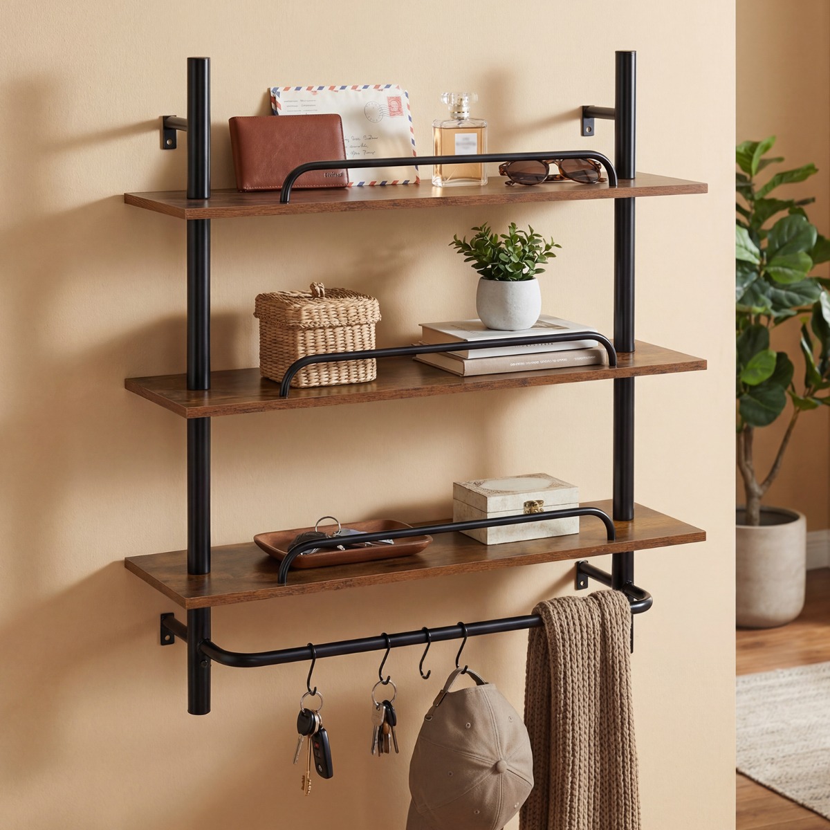 3-stufiges schwebendes Rohrregal Wandregal mit 4 S-förmigen Haken 80,5 x 24 x 97 cm ohne Beleuchtung