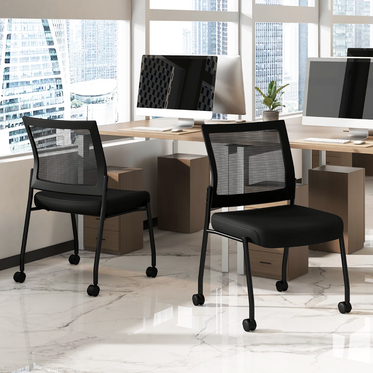 Konferenzstühle 2er Set stapelbare Besucherstühle mit Rollen armlose Stapelstühle für Büro Schwarz