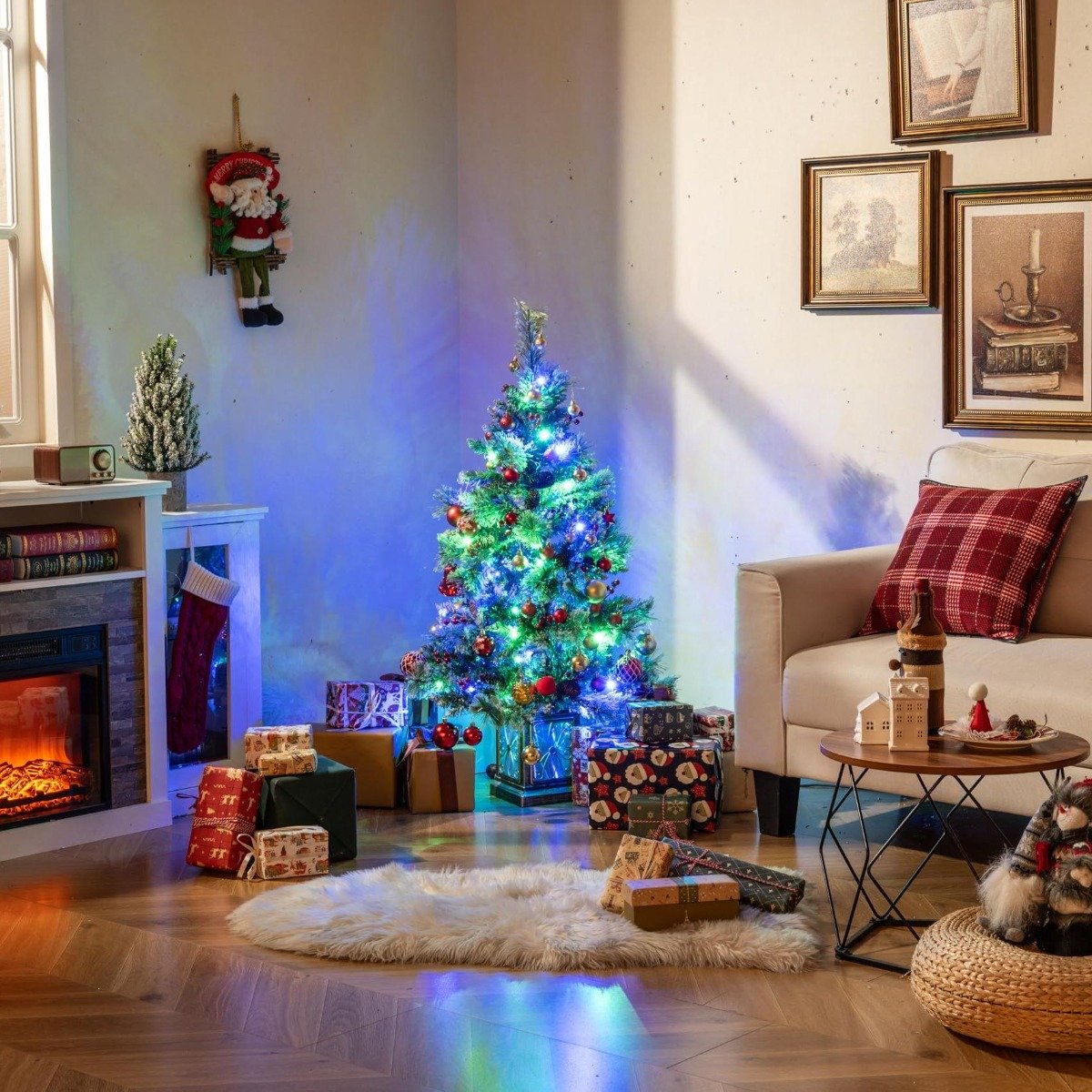 120 cm Künstlicher Weihnachtsbaum im Topf mit 100 Bunten LED-Lichtern & & Rote Beeren