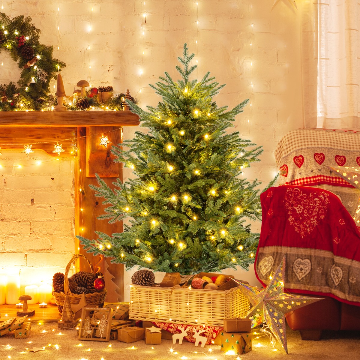 135 cm Künstlicher Weihnachtsbaum mit Beleuchtung Tannenbaum mit 160 warmweißen LED-Lichtern und 8 Lichtmodi