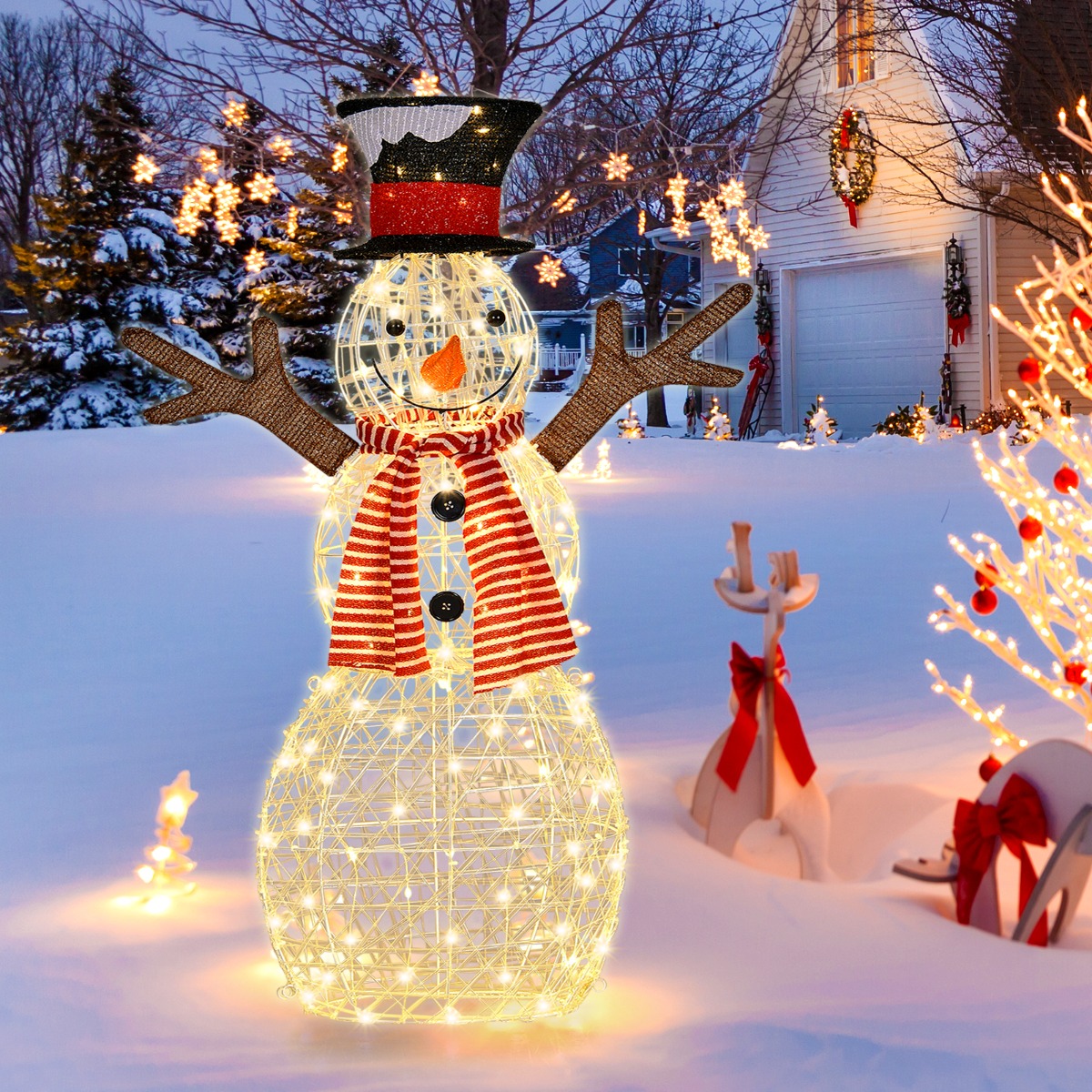LED Schneemann mit 80 LED-Lichtern Weihnachtsdeko Weihnachtsfigur 66 x 14 x 110 cm