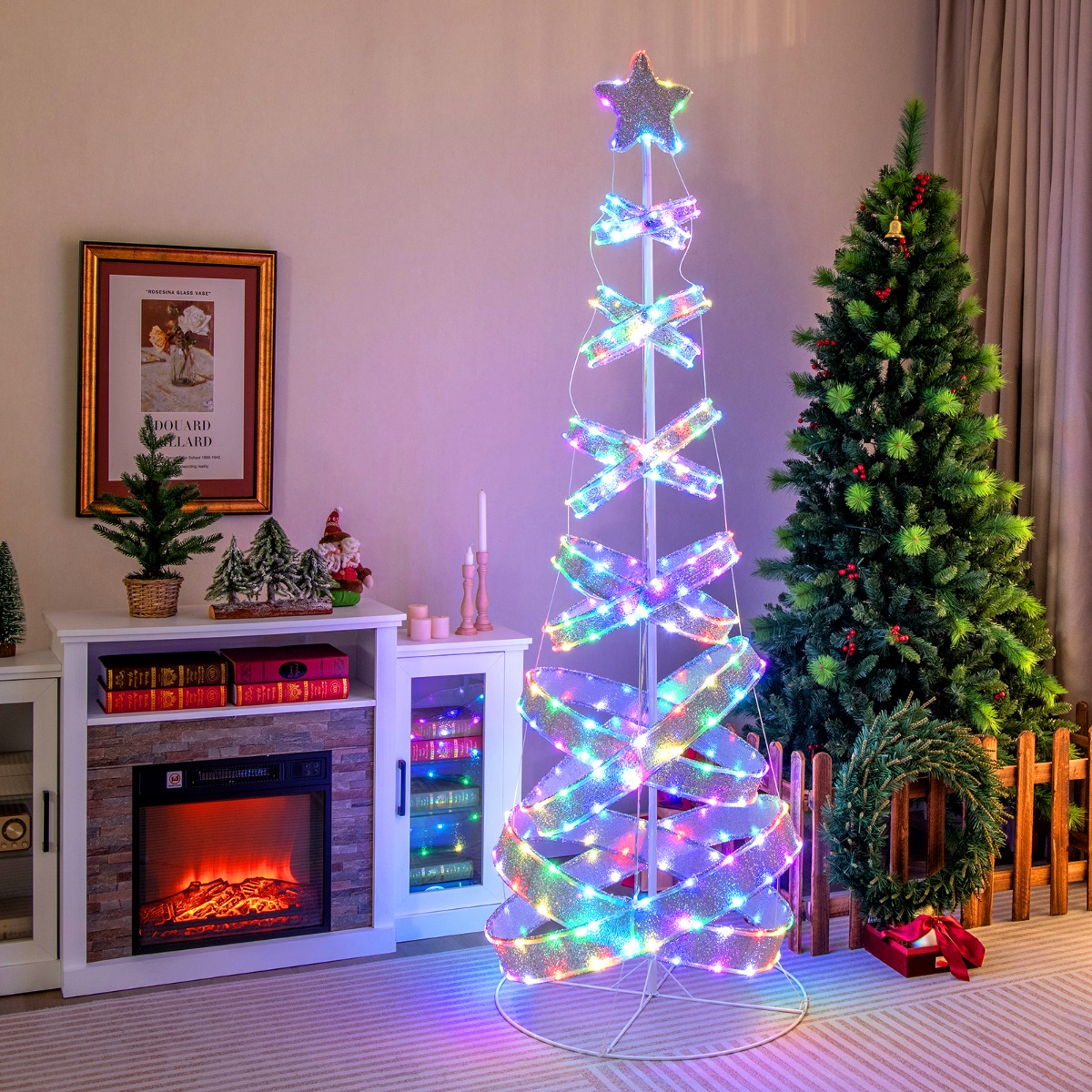 210 cm LED Spiral Weihnachtsbaum aus Polyester Metall mit 341 LEDs & 34 Lichtmodi & Stern