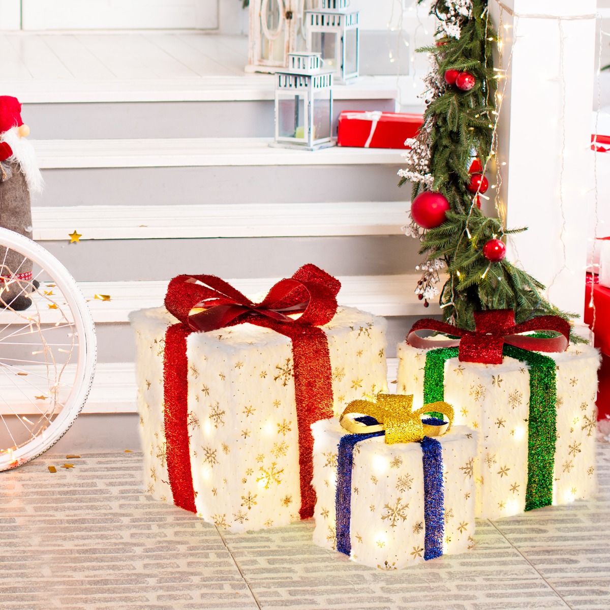 3er Set LED Geschenkboxen mit Schleife & 48 Warmweiß LEDs & Timer Wasserdichte Weihnachtsdeko