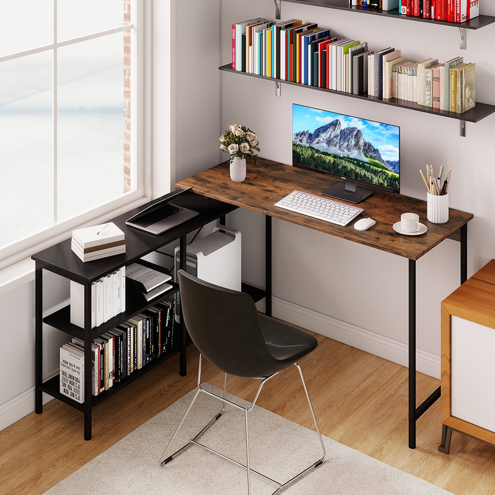 Wendbarer L-förmiger Schreibtisch Eck-Gaming-Schreibtisch mit 2 Aufbewahrungsregalen Computertisch Rustikal Braun
