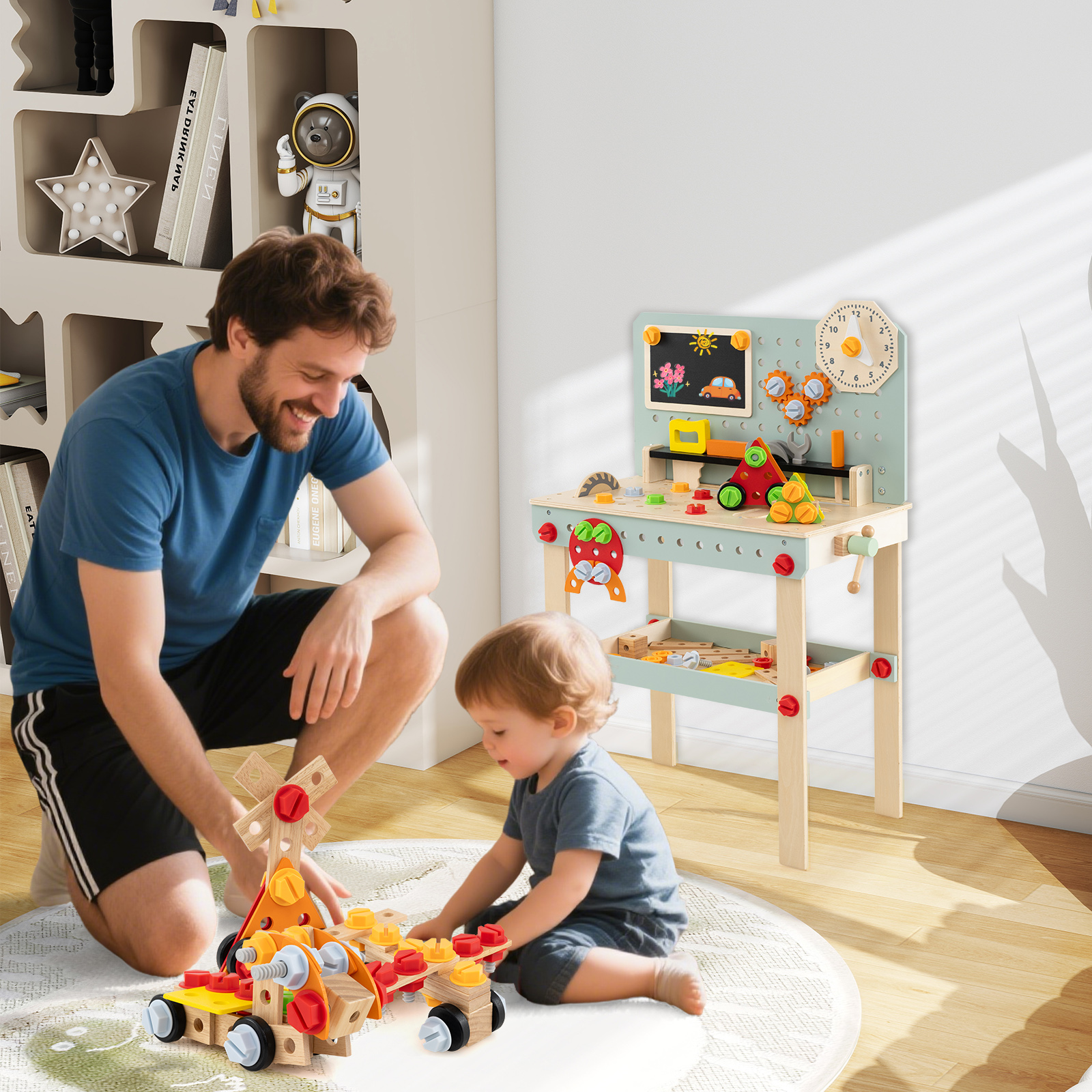 Werkbank Kinder Holz Werkzeugbank mit Tafel & DIY-Set Kinder Werkzeug Bank mit Zubehör & Ablage