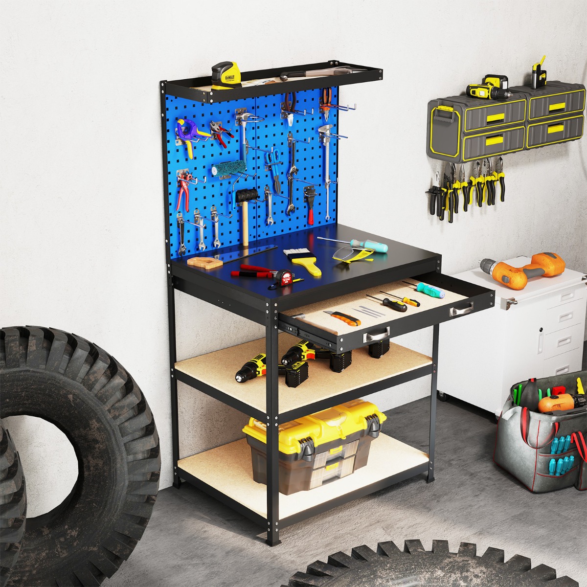 Werkbank 81 x 41 cm 225 kg Tragkraft Arbeitstisch mit Lochwand & Schubladen & regalen Blau