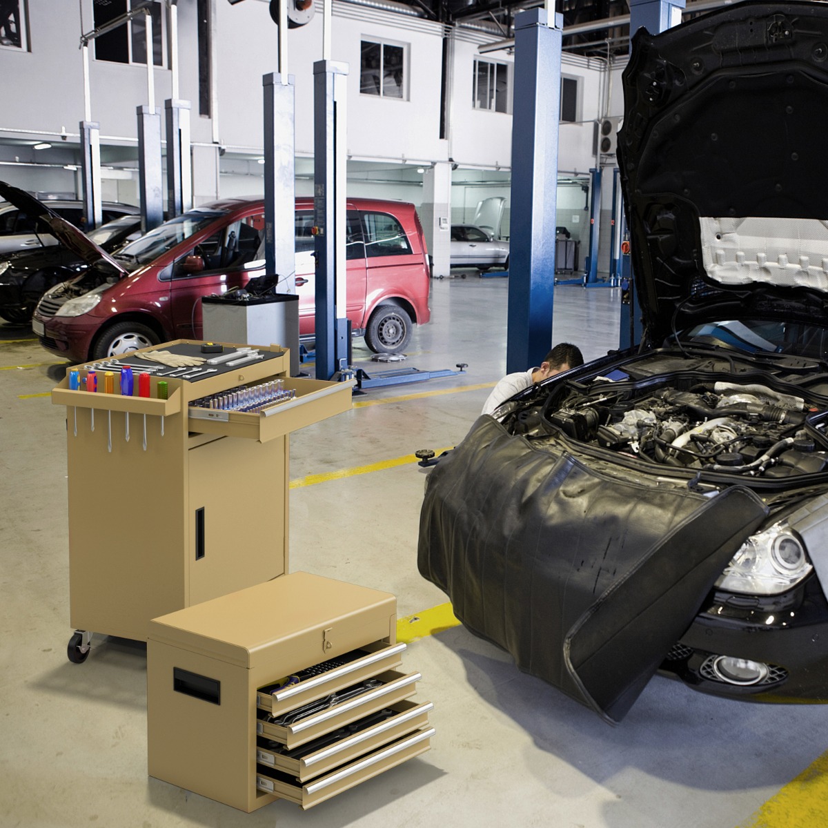 2 in 1 Werkstattwagen mit Koffer & 8 Fächer & Haken & Verstellbarem Regal 100 kg Tragkraft Gelb