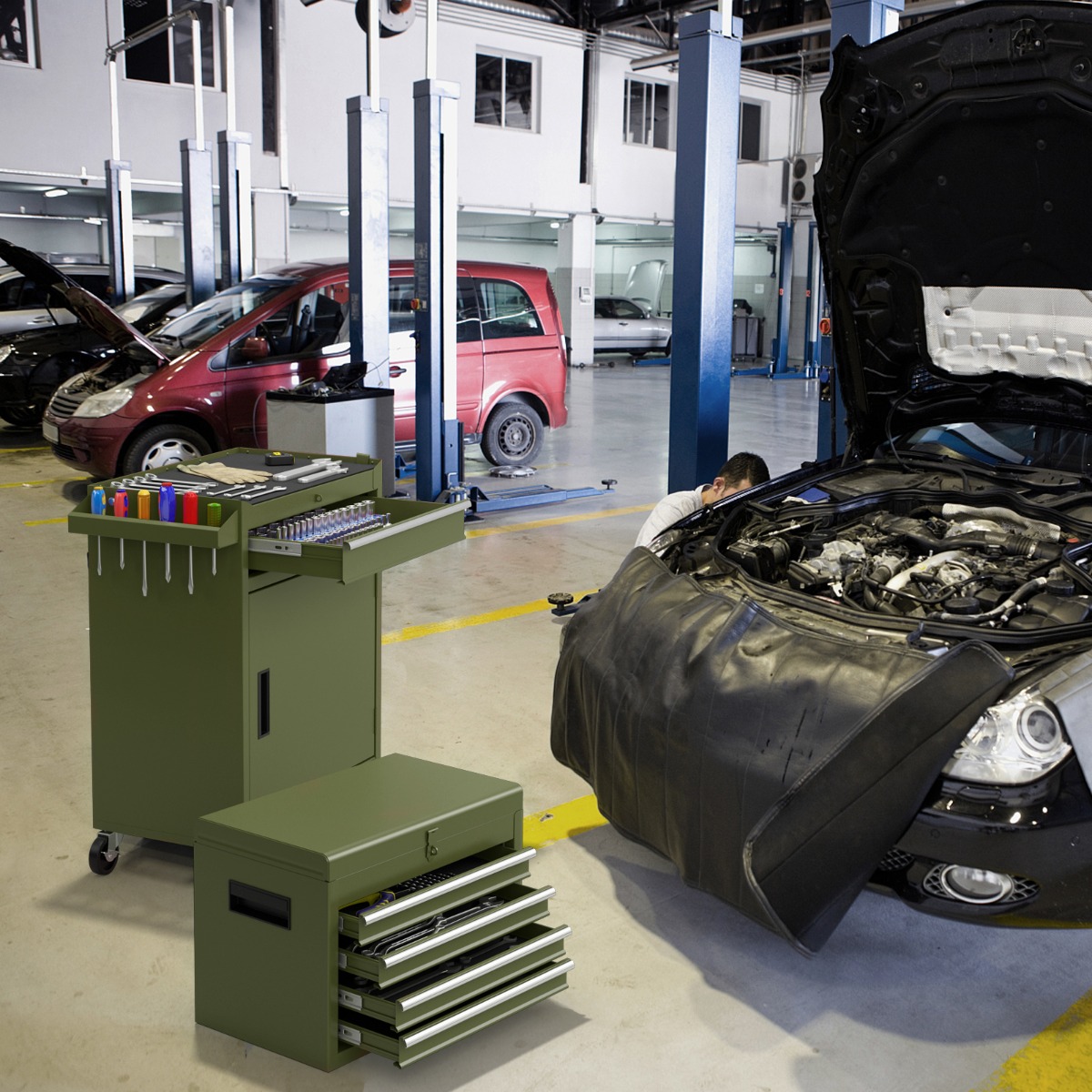 2 in 1 Werkstattwagen mit Koffer & 8 Fächer & Haken & Verstellbarem Regal 100 kg Tragkraft Grün