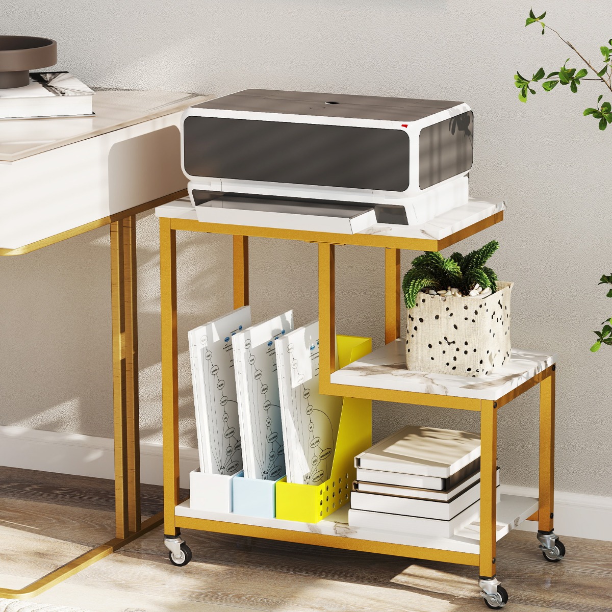 Beistelltisch mit Rollen 3-stöckiger Sofatisch Marmor Optik Kaffeetisch Kleiner Couchtisch