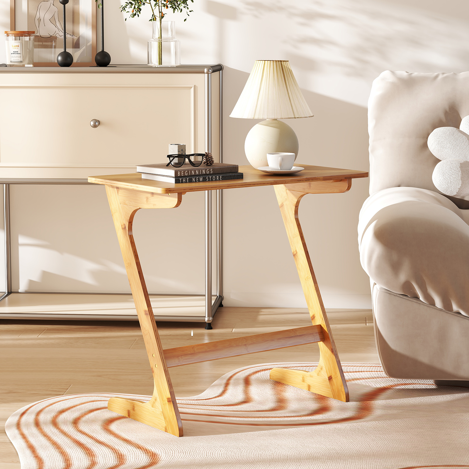 Z-förmiger Beistelltisch Sofatisch aus Bambus Platzsparender Kaffeetisch Nachttisch Couchtisch Natur