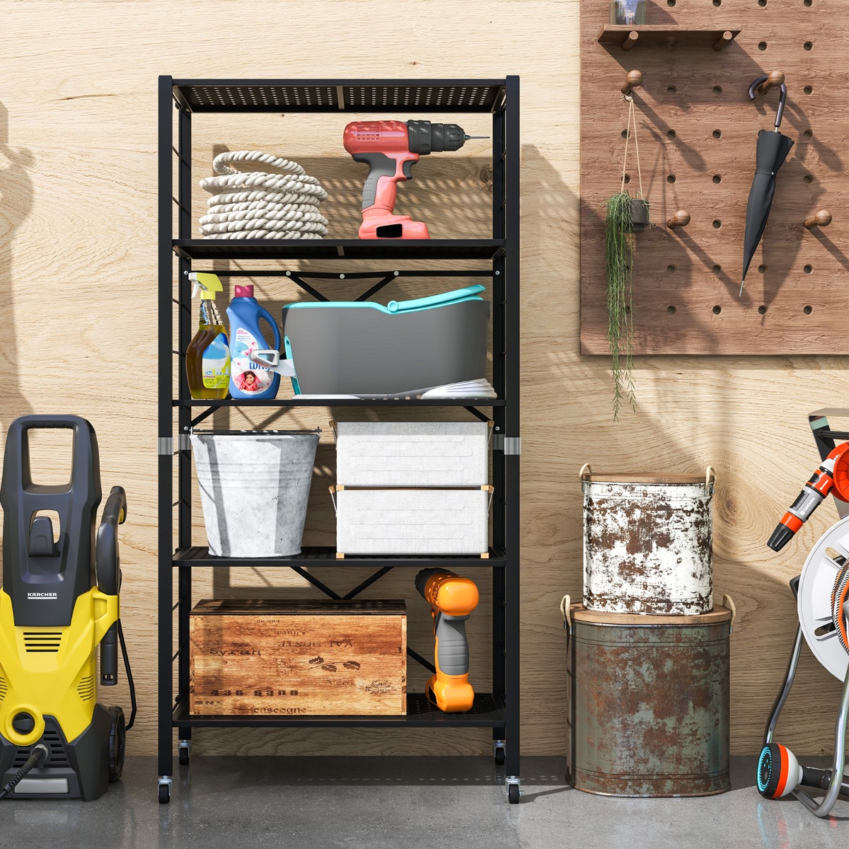 Zusammenklappbares Lagerregal mit Rädern selbst anpassbare Regaleinheit mit großer Kapazität Metallregal Schwarz