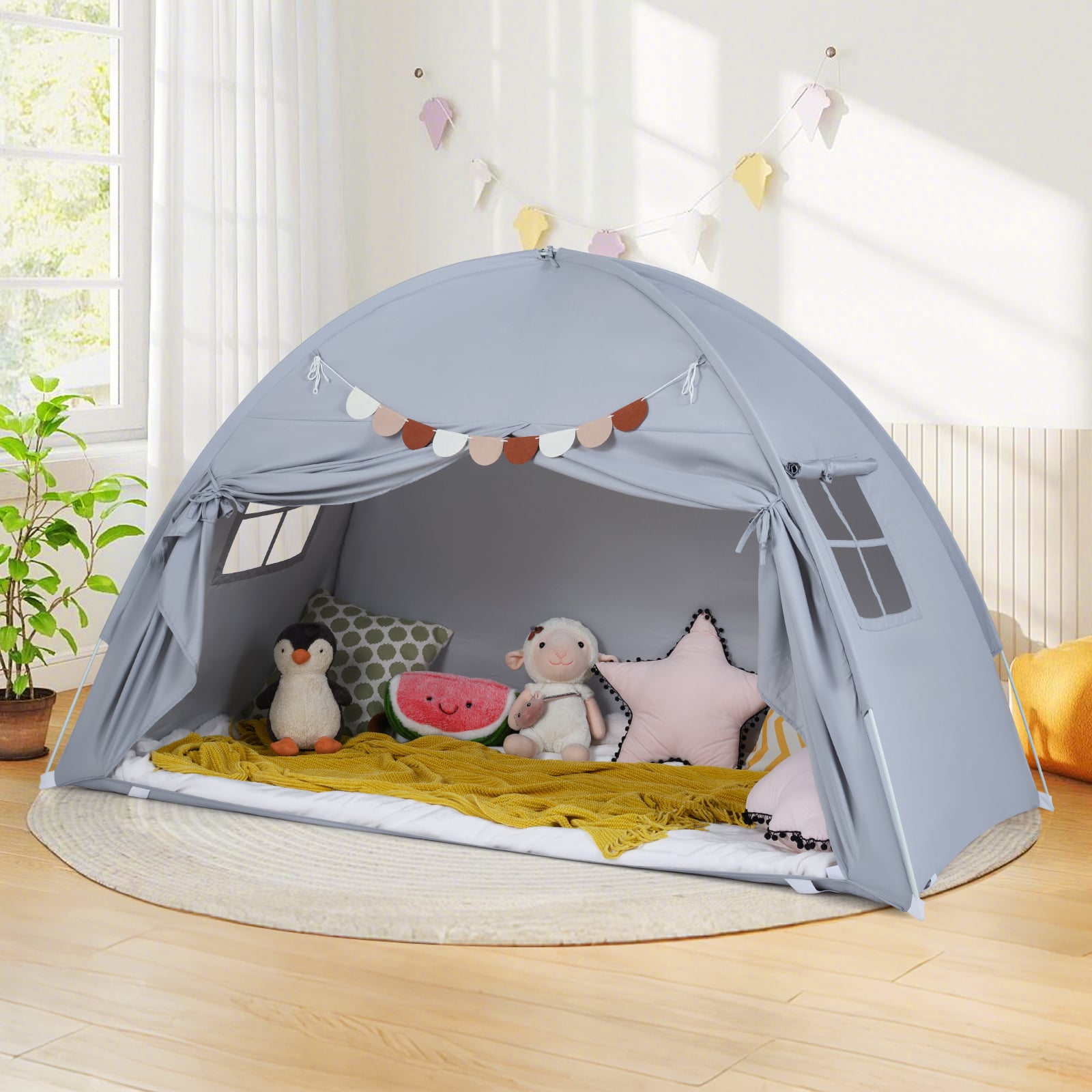 Zwillingsbett-Zelt für Kinder faltbares & tragbares Baldachinzelt für Etagenbett mit 2 Fenstern Grau