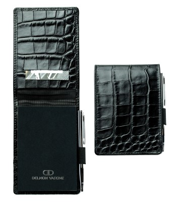 Taschen Memoblock DIN A7 Hochformat PREMIUM LEDER CROCO schwarz - inclusive Ersatzblock und Minikugelschreiber