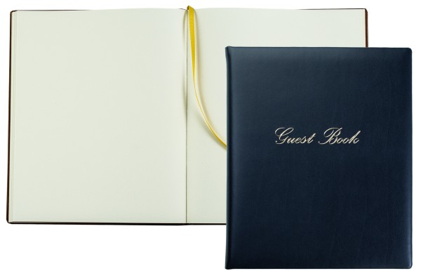 Gästebuch 20 x 24 cm aus veganem Lederimitat NOVAPELL dunkelblau - mit hochwertiger Goldfolienprägung GUEST BOOK