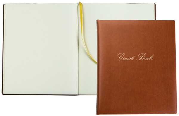 Gästebuch 20 x 24 cm aus veganem Lederimitat NOVAPELL hellbraun - mit hochwertiger Goldfolienprägung GUEST BOOK