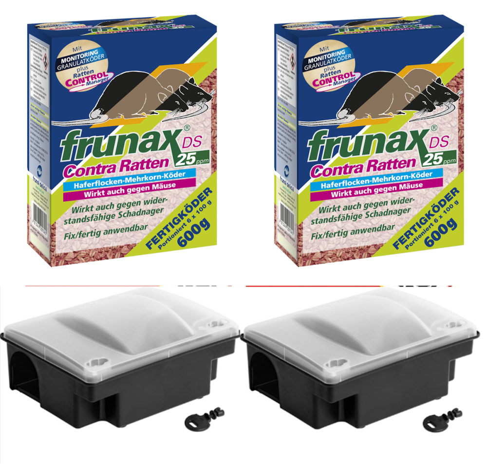 frunax DS Contra Ratten 25ppm 2x600 gr. + 2 Rattenköderboxen