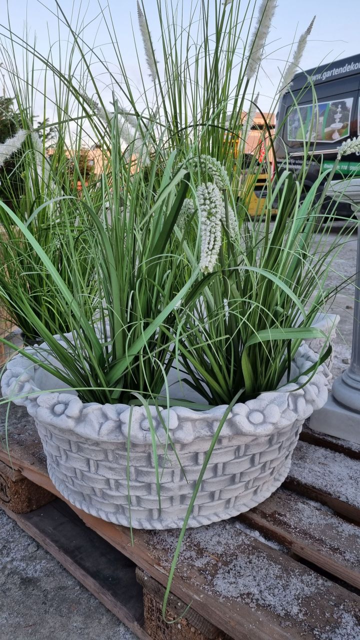 Pflanzschale 'Blume', rund antik grau