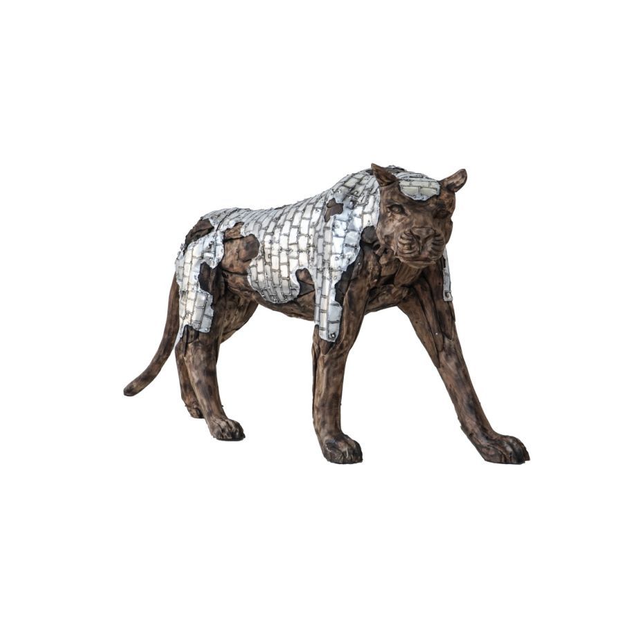 Holzobjekt 'Gepard' mit Teakwurzeln mit Aluminium