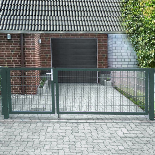 Elektrisches Gartentor / Einfahrtstor Basic (2-flügelig) asymmetrisch; Moosgrün RAL 6005; Breite 400cm x Höhe 100cm 8 / 6 / 8 mm