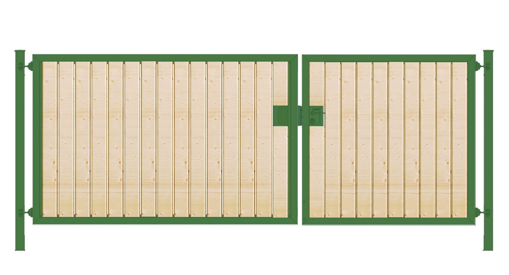 Elektrisches Gartentor mit Holzfüllung (2-flügelig) Premium senkrecht; asymmetrisch; grün; B: 350 cm H: 200 cm