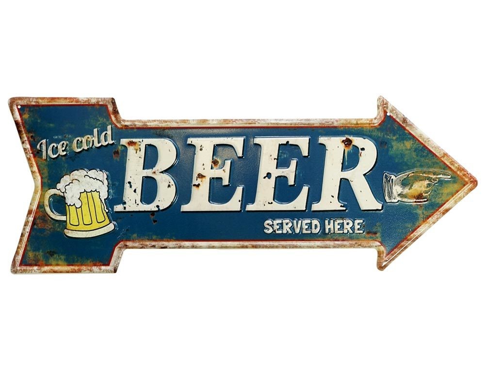 Vintage Blechschild Ice cold BEER SERVED HERE Wegweiser Bier Geprägt 50x19cm